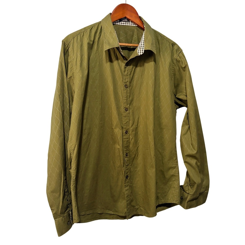 Coofandy Mens Olive Green Diamond Grid Button Down Shirt Long Sleeve Large
